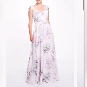 Marchesa Lilac Floral Chiffon Gown with Ruffle Cami Straps and Waist Tie Sz 0